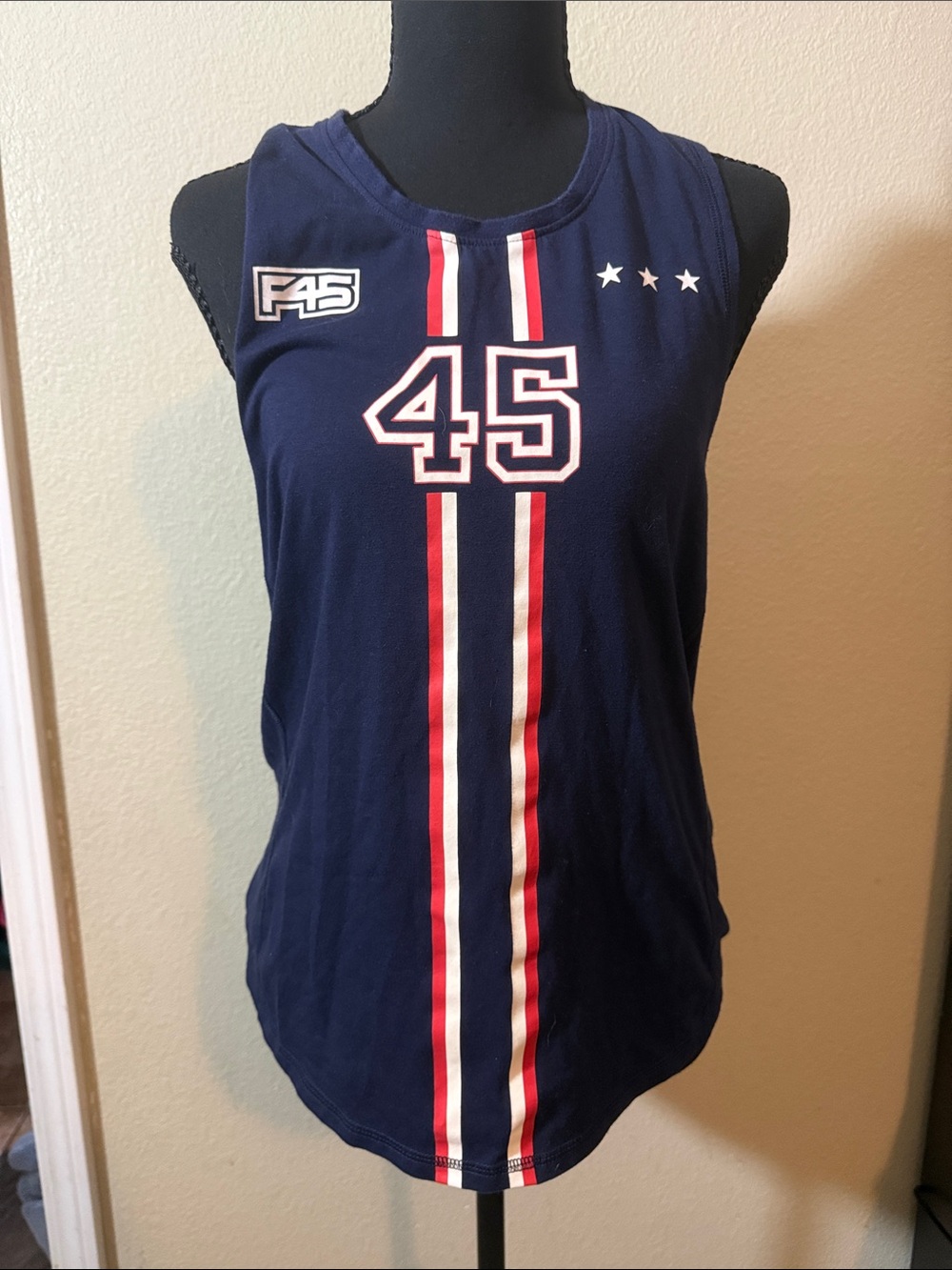 F45 Navy Athletic Tank Top with Red & White Stripe and '45' Graphic
